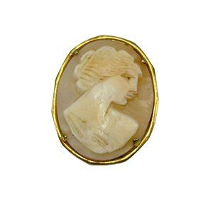 Vintage Shell Cameo Pin Brooch Carved Lady Profile Gold Tone Setting Oval Shaped